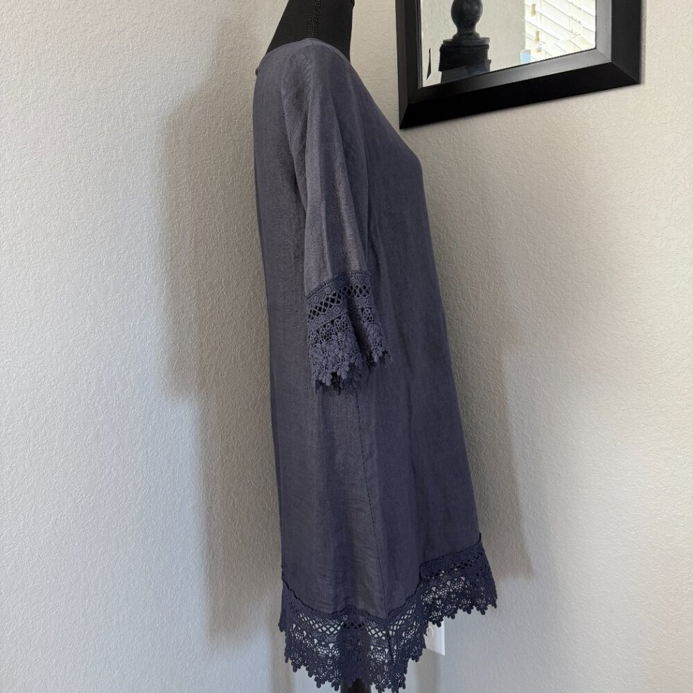 ROSEMARINE 100% Italian Linen 3/4 Sleeve Crochet Dress Blue Gray Small - Picture 5 of 13
